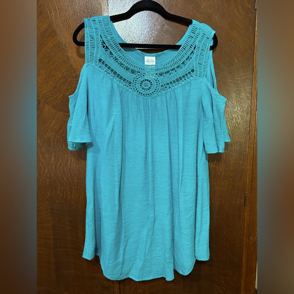 Catalina Teal Blue Embellished Blouse with Cut Out cold Shoulders size XL
